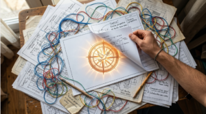 A hand peels back a messy blueprint covered in notes and tangles to reveal a glowing compass containing a peace dove.