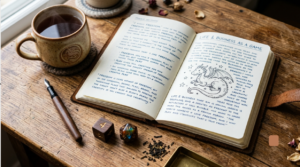 An overhead shot of an open journal with a dragon sketch, a ceramic mug of tea, a fountain pen, and two dice on a rustic wooden table.