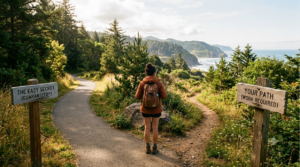 Hiker with a backpack standing at a fork in a coastal trail between two wooden signs labeled "THE EASY SECRET (GUARANTEED*)" and "YOUR PATH (WORK REQUIRED)".