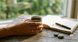 a woman's hand holding a cup of black coffee with a notebook and a pen on the table