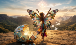 A joyful woman with large, colorful butterfly wings standing on a mountain cliff next to a broken shell made of maps.