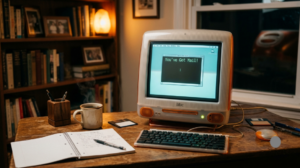 Nostalgic late '90s desktop computer glowing with a "You've Got Mail!" screen on a cozy wooden desk.