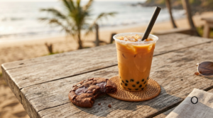 Close-up top-down photo of iced bubble tea and a half-eaten chocolate chip cookie on a rustic wood table.
