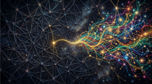 A single glowing golden node unfolding into a vibrant, multicolored network of threads.
