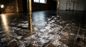 Dramatic high-contrast shot of the base of a brass dance pole surrounded by scattered white chalk footprints on dark wood floorboards.