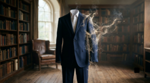 Empty suit dissolving into golden smoke in a library.