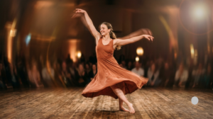 A dynamic, blurred-motion shot of a smiling dancer in a terracotta dress extending her arms gracefully on a wooden floor under warm studio lights.
