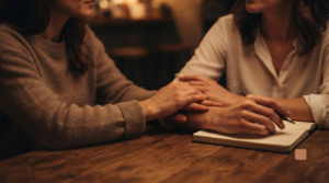 A close-up, intimate shot of two women's hands resting on a wooden table, with one person's hand gently and supportively placed on the other's forearm.