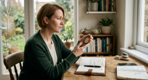 Woman sitting at a wooden desk near a window, thoughtfully holding a pocket watch next to an open journal.