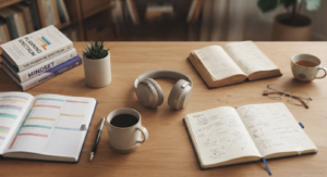 An overhead photograph of a wooden desk with a balanced arrangement of a structured, color-coded planner and a stack of books on the left, balanced by a loose, handwritten sketchbook and a teacup on the right. Noise-canceling headphones rest in the center between them. The scene is illuminated by warm, soft light.